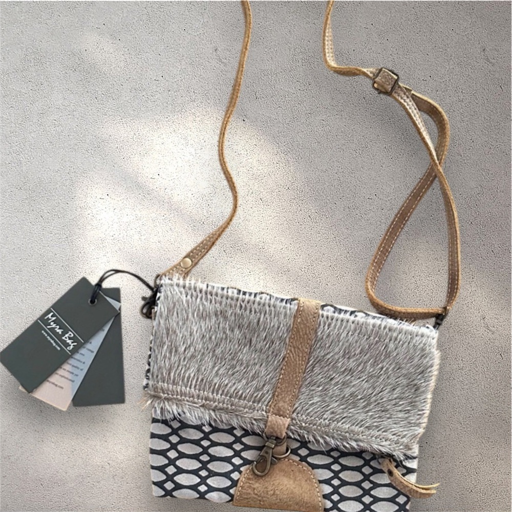 Myra Bag Tan and Gray Patterned Crossbody